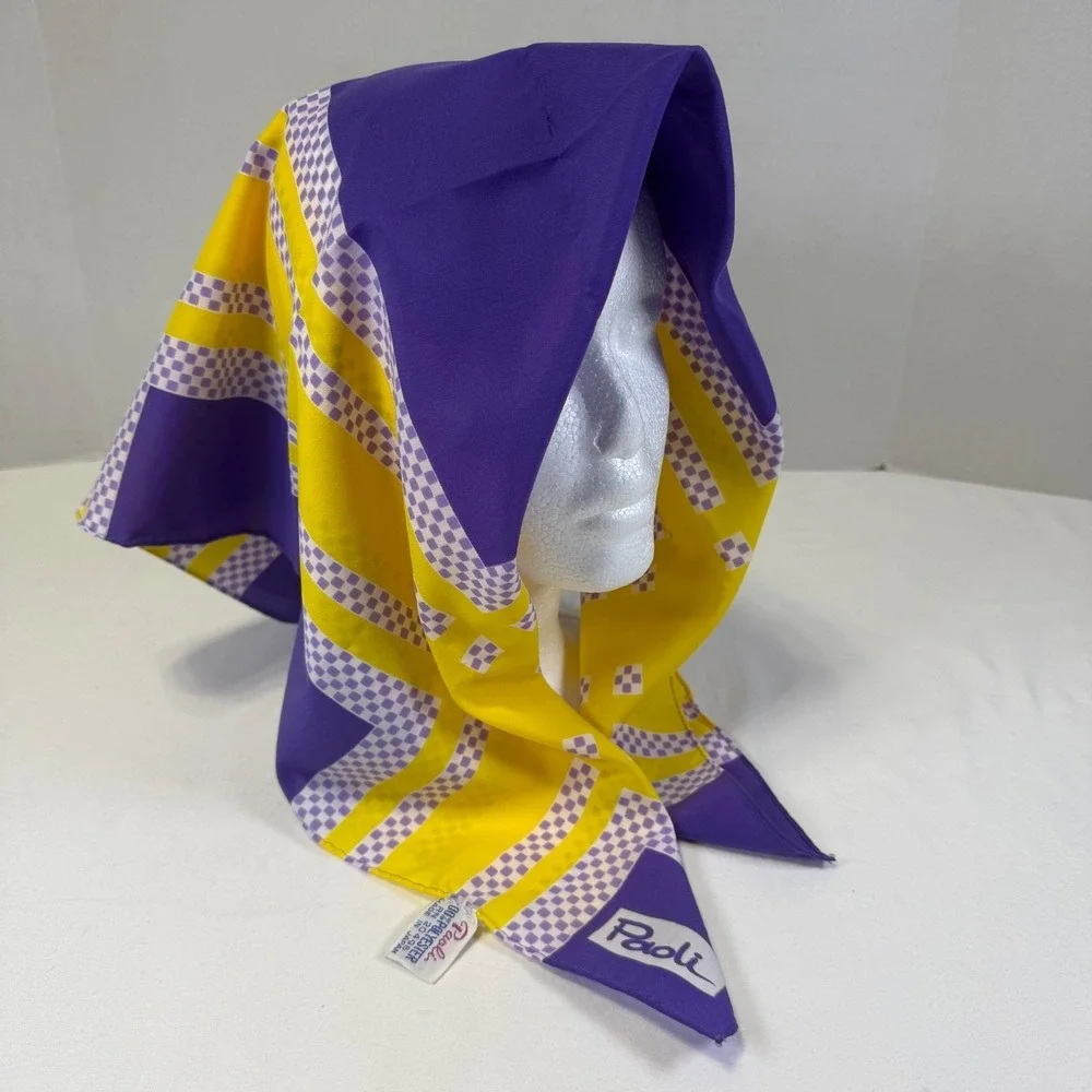 Vintage 1970's Paoli Scarf Yellow Purple White Scarf‎ 100% Polyester Japan Made
